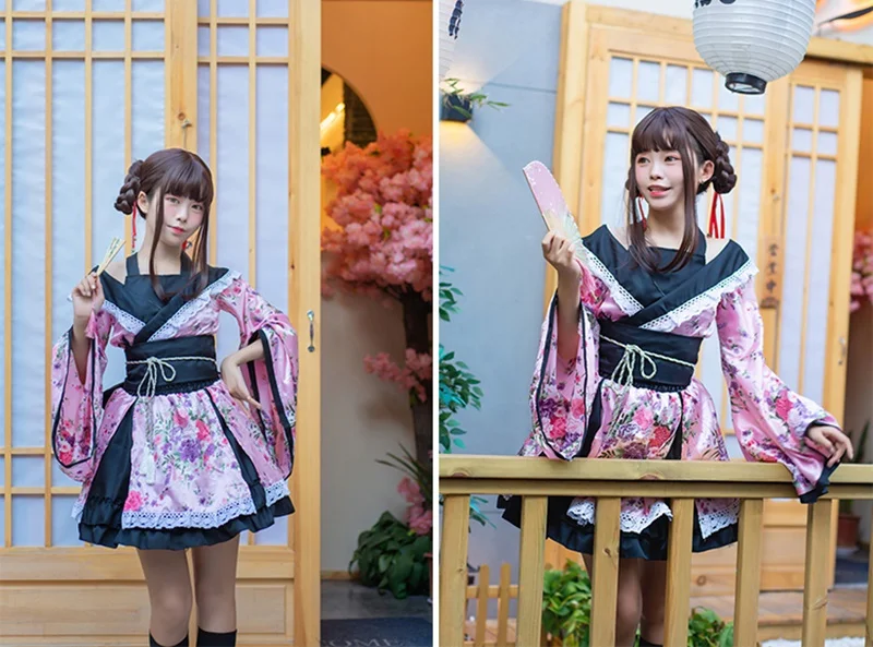 Платье-кимоно для девочек Lovelive, японский каваи, маскарадный костюм с цветочным рисунком, нарядная Восточная юката, Женская кружевная праздничная одежда в стиле Лолиты, FF2409