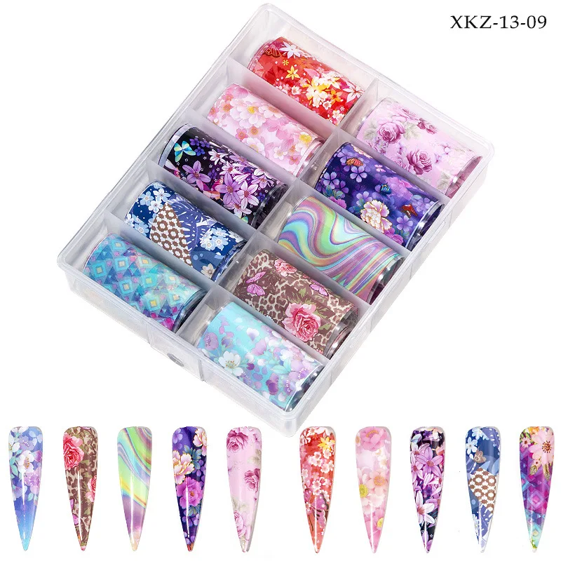 

10pcs Nail Foil Stickers Varnish Mix Rose Flower Rainbow Line Leopard Transfer Foil Nails Decal For Nail Art Decoration Manicure