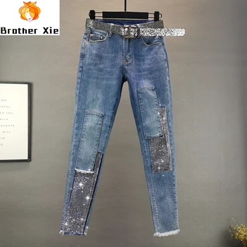 

Plus Size Jeans Women Spring New Style Hot Drilling Slim Fit Elasticity Skinny Pencil Pants Girls Ladies Denim Jean Jeans Pants