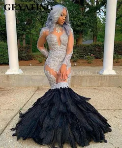 Image 2 - Sexy See Through Silver Lace Mermaid Black Feathers African Prom Dresses Long Sleeves Plus Size Graduation Gowns Formal Dress