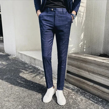 

2020 new spring and summer casual men's Korean version of Slim youth personality plaid trousers wild business professional pants