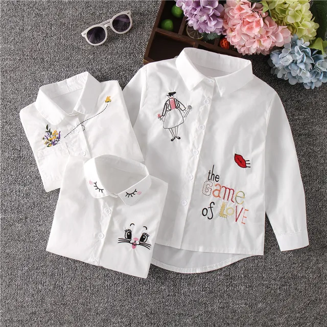 Белая Осенняя Блузка для девочек, милые детские рубашки с длинным рукавом и мультипликационным рисунком, блузки для девочек, блузки с кошкой, школьная одежда для подростков, детский топ, одежда для девочек 1
