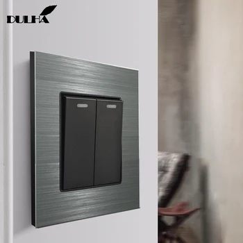 

Luxurious 2 Gang 1 Way Wall Light Switch Gray Color Brushed Aluminum Satin Metal Panel Electrical Push Button Rocker Switches