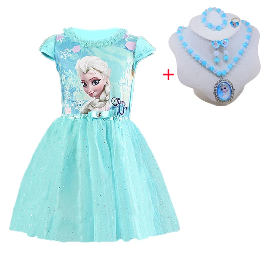 Детское платье принцессы для маленьких девочек Эльза и Анна+ 5 шт., ожерелье из мультфильма «Дисней»+ браслет+ кольцо+ клипсы, аксессуары для кукол