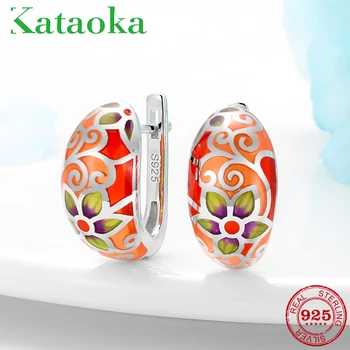 

925 Sterling Silver Earrings Orange Cherry Flowers Handmade Enamel Push back Women's Stud Earrings Fine Jewelry for women