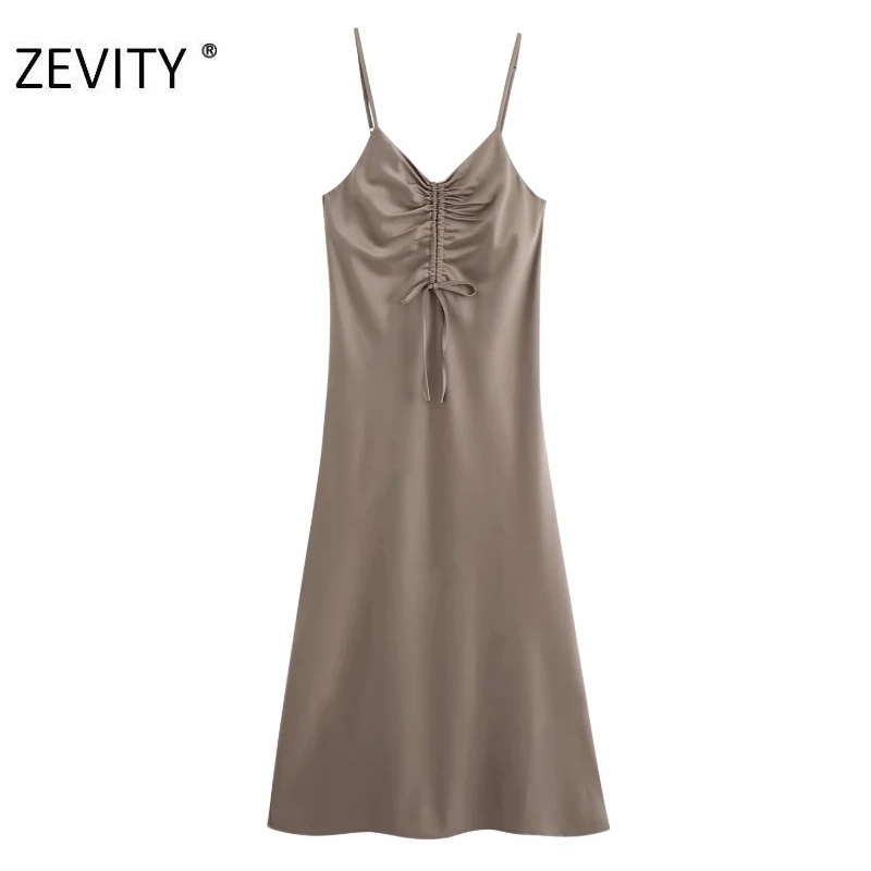 Zevity NEW women elegant v neck solid color pleated decoration long sling dress female inner vestido chic party dresses DS4342