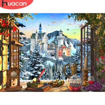 

HUACAN 5D DIY Diamond Painting Castle Full Square Cross Stitch Kit Diamond Embroidery Winter Mosaic Landscape Home Decoration