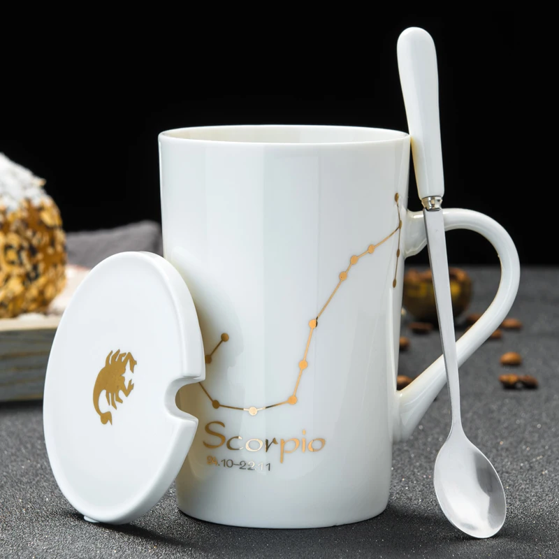 12 созвездий креативные керамические кружки с ложкой крышкой черный и Золотой фарфор Зодиак чашка для кофе с молоком 420 мл кружка для воды - Цвет: Scorpio5