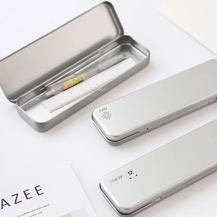 Серебряный оловянный чехол пенал с маленьким мультяшным рисунком откидная