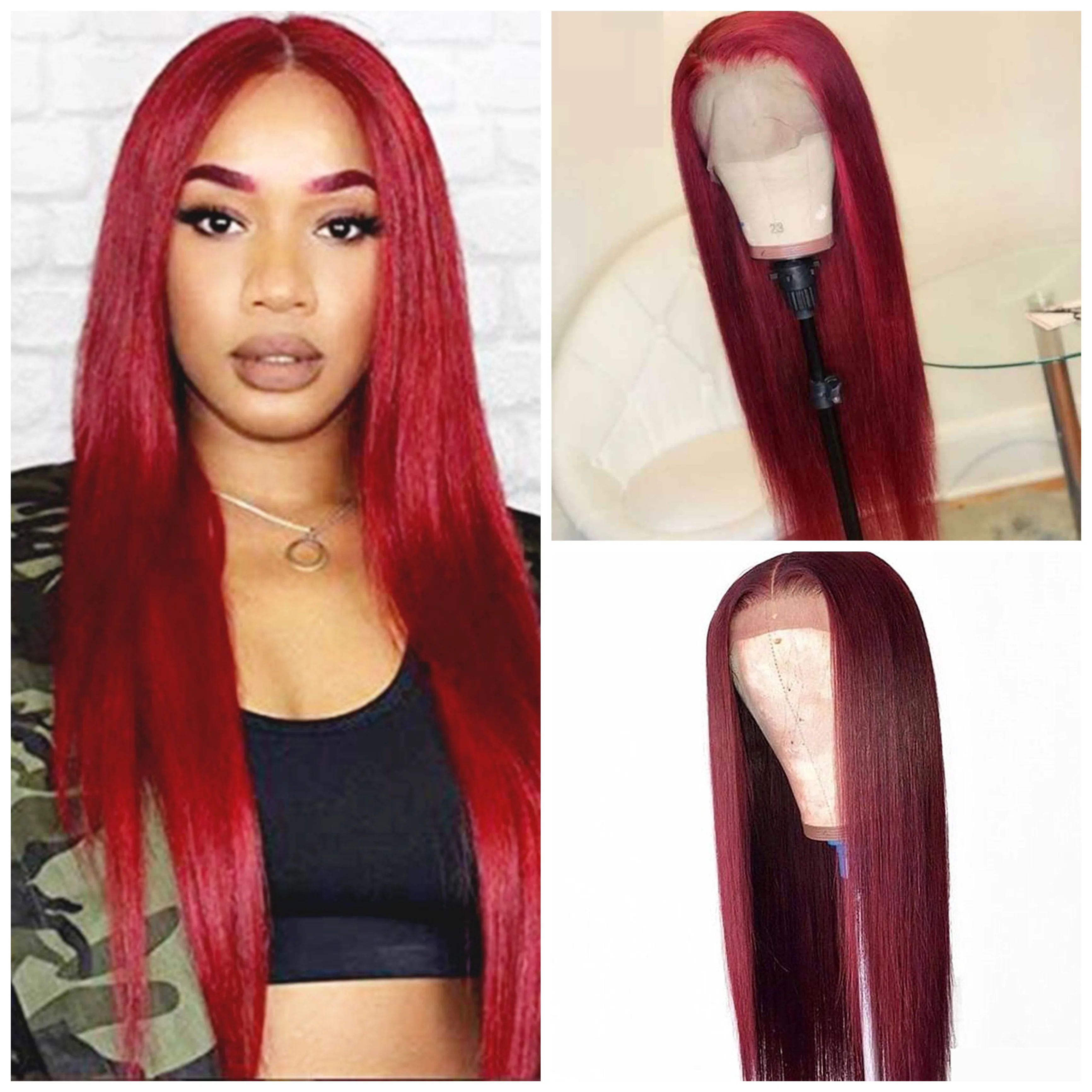 

Red Colored Human Hair Wigs 360 Lace Frontal Wig Glueless Pre Plucked with Baby Hair Silk Straight Brazilian Remy Hair
