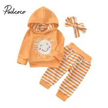 Осенняя модная одежда для маленьких девочек Хлопковый пуловер с капюшоном свитер+ штаны в полоску спортивный костюм для младенцев из 3 предметов