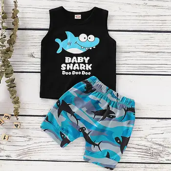 

2020 New Summer Causal Short Suit Toddler Boys Clothes Set Kids Girls Printed Suit T-shirt+Pants 2Pcs Outfits Shark 1 3 5 Years