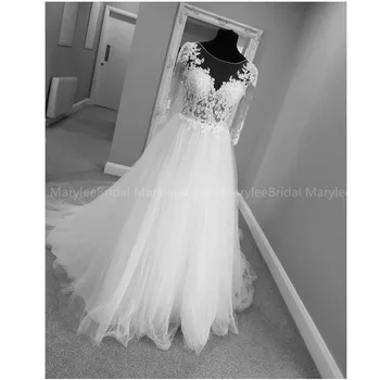

Amazing Nude Tulle Ball Gown Wedding Dresses White Ivory Appliques Long Sleeves Bridal Dress robe mariage Illusion Wedding Gowns