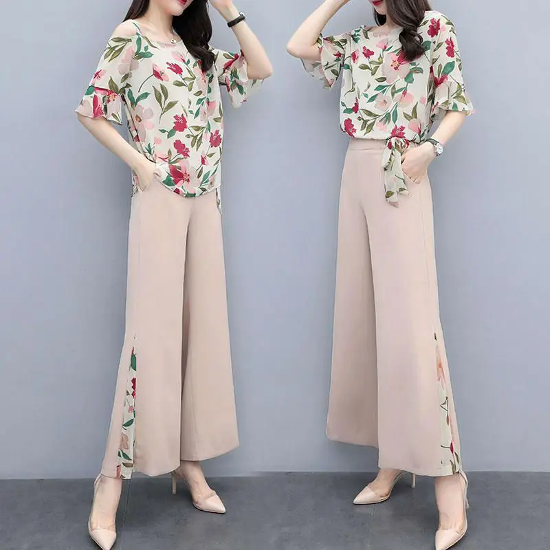 

2 Pieces Office Lady Elegant Sets Spring Summer Women Casual Suits Half Sleeve Fashion Printed Tops Width Leg Pants Female Sets