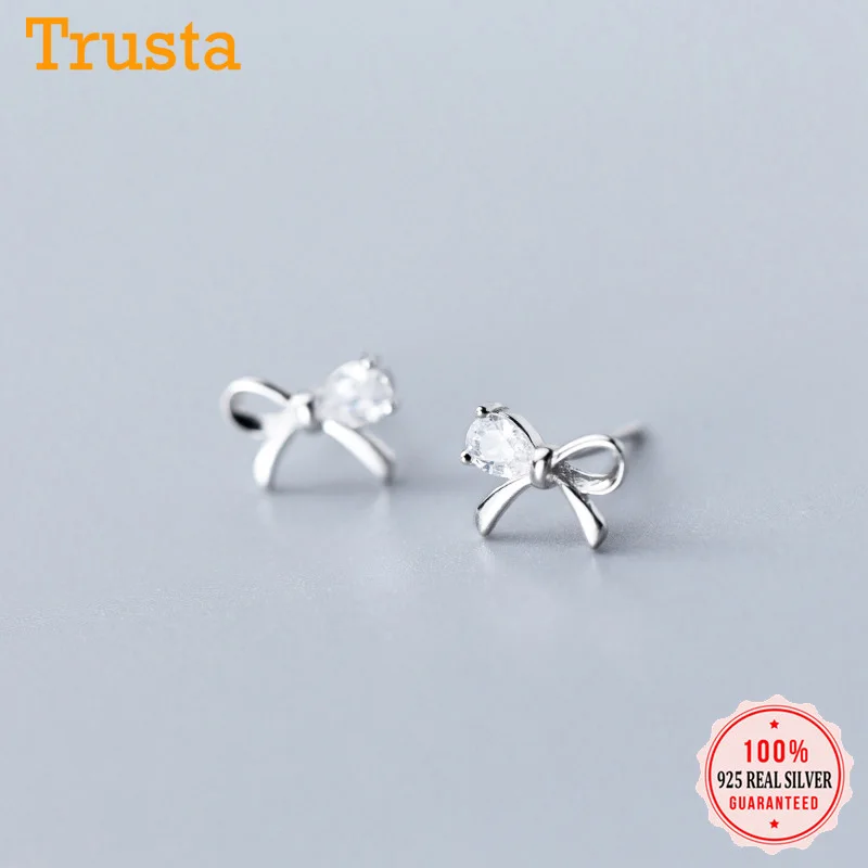 Trusta, 1 пара, 925 пробы, серебряные, милые, ослепительные, с бантом, CZ, серьги-гвоздики для женщин, девочек, подростков, девушек, ювелирное изделие, подарок DS1936