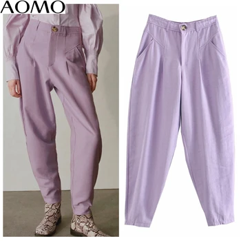 

AOMO 2020 fashion women purple banana pants trousers pockets buttons female casual pants pantalon 3L15A