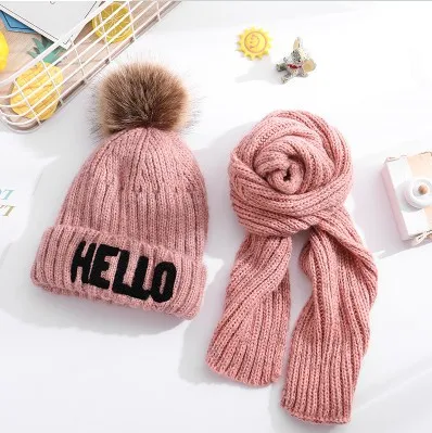 pink Детские вязаные шерстяные шапки на осень и зиму для маленьких девочек и мальчиков, теплый шарф и шапка с плюшевой подкладкой - Цвет: pink