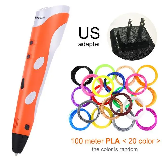 Orange US-100m PLA Рождественский подарок, 3D Ручка, 2-я оригинальная ручка для рукоделия, 3D печать, ручка с 100 м ABS/PLA нитью, креативная игрушка, подарок для детей, дизайнерский рисунок - Цвет: Orange US-100m PLA