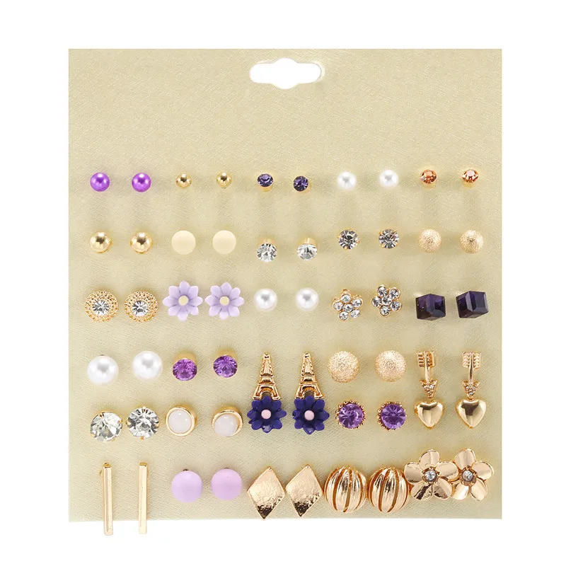 30 пар/набор, женские серьги-гвоздики с маленькими кристаллами, наборы для девушек, сердце, башня с цветами, стрелы, жемчужные бусы, серьги, наборы, Женские Ювелирные изделия