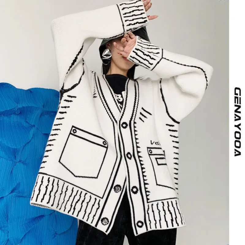 Genayooa Print Graffiti Unique Cardigan Women Loose Vneck Long Sleeve