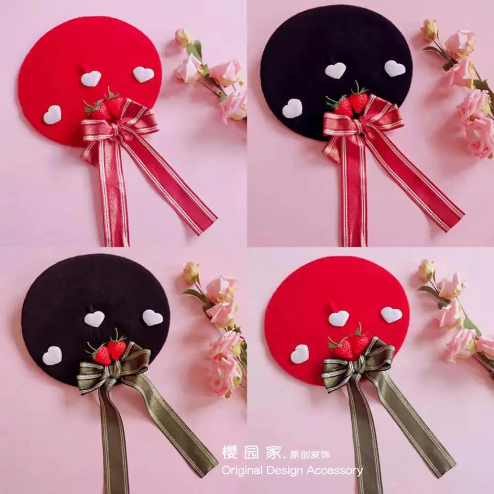 Винтажный берет ручной работы на зиму Рождество Лолита бант лента крем клубника