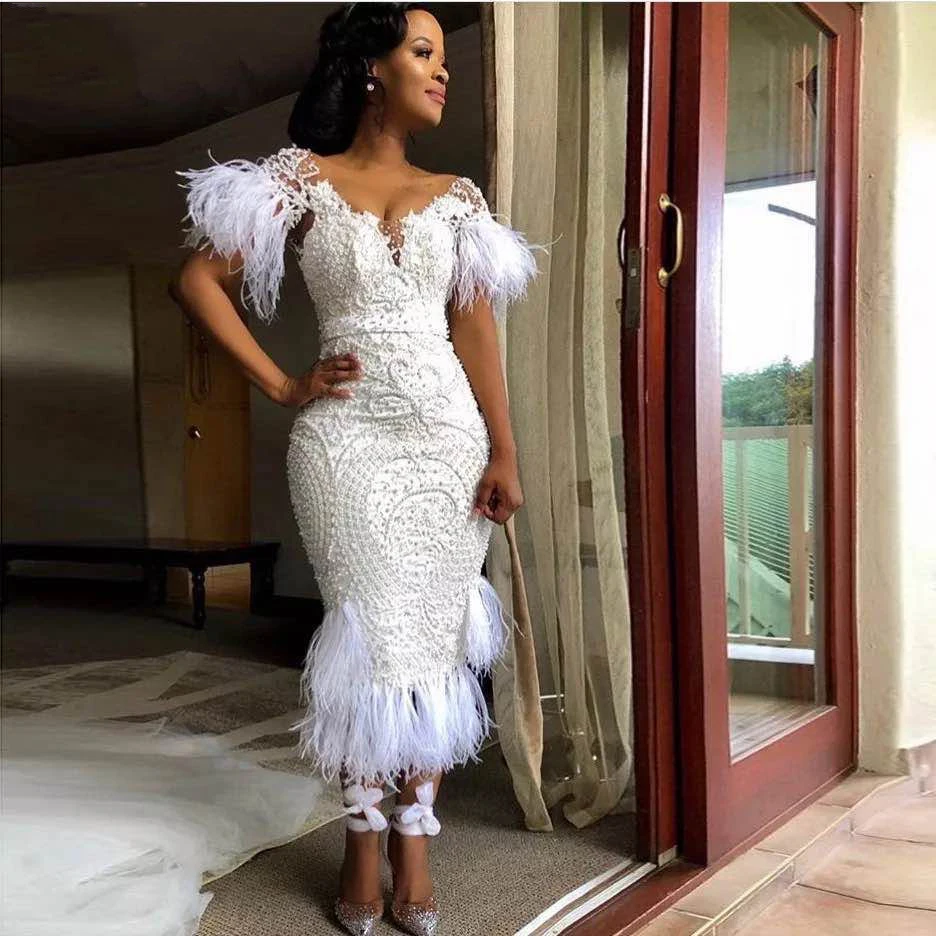 New Elegant White Scoop Neck Short Sleeve Prom Gowns Lace Feather Tea-Length Cocktail Dresses sukienki koktajlowe