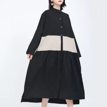 

2020 New Female Fashion Spring Autumn Stand Collar Contrast Color Dress Loose Fit Long Sleeve Patchwork Midi Dress Large Size