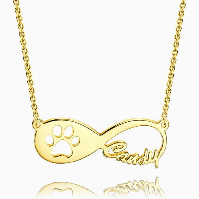 

Personalized Dog Paw Print Infinity Name Necklace 3 Colors Engraved Custom Nameplate Necklaces Pendants For Women Mom Jewelry