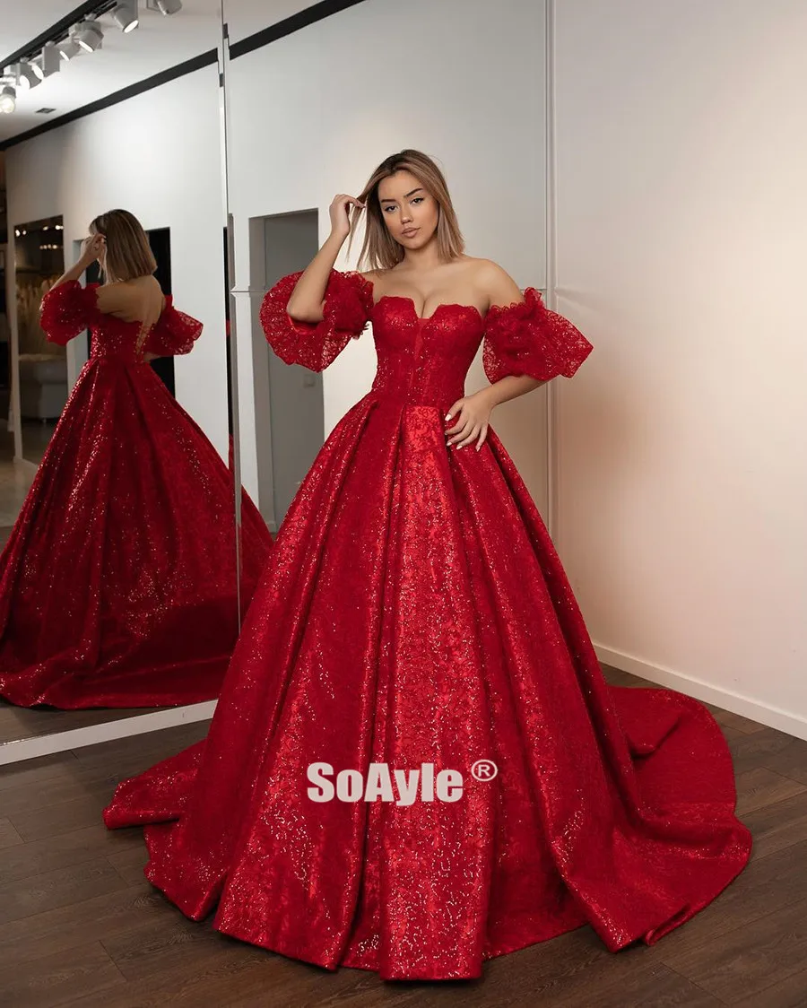 SoAyle мяч вечерние платья Bling Красный арабский вечернее платье с блестками без бретелек прозрачная емкость рукав халат De Soire