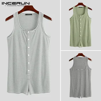 

Men Striped Pajamas Playsuit Tank Tops Rompers Sleeveless Buttons Fitness Short Bottoms Homewear Men Sleepwear Jumpsuits INCERUN