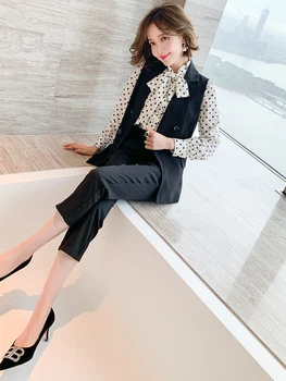 

Heart-shaped bow shirt + suit vest jacket + straight pants three-piece suit female 2020 autumn new