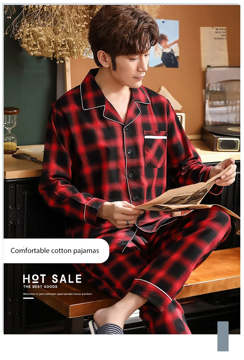 silk pajama set Spring Autumn Pajama Sets Suit Knitted Cotton Casual Long Sleeve Sleepwear Plaid Home Wear Plus Size Comfortable Pajamas For Men mens sleepwear set