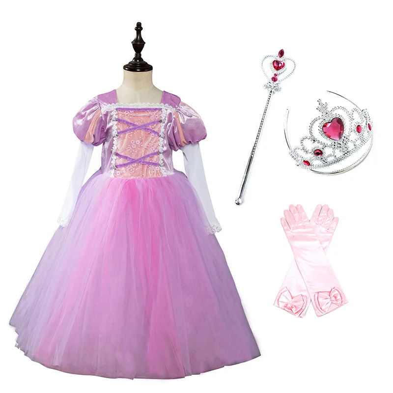 Dress and S02 Платье принцессы Рапунцель для девочек; Детский костюм с длинными рукавами на лето и осень с париком; детское платье на День рождения; вечерние платья для костюмированной вечеринки - Цвет: Dress and S02