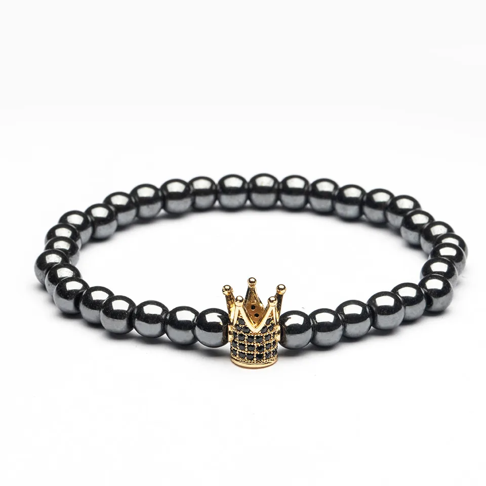 Crown-Gold Модные Серебряные Браслеты Золотая Корона Strand Браслеты Мужские Ювелирные Изделия Ручной Работы Натуральный Камень Гематит Браслет Обруча Из Бисера Горный Хрусталь Голова Леопарда Крест Шарм Браслет Подарки - Окраска металла: Crown-Gold