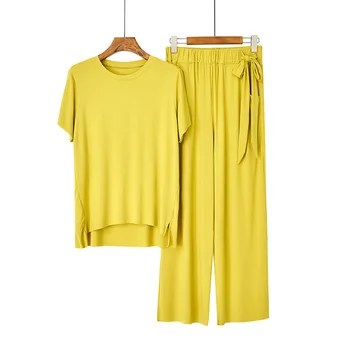 

Modal Short Sleeve Nightwear Pyjamas Suit Spring Summer Women Pajamas Set 2pcs Sleepwear Yellow Casual Soft Bathrobe Homewear