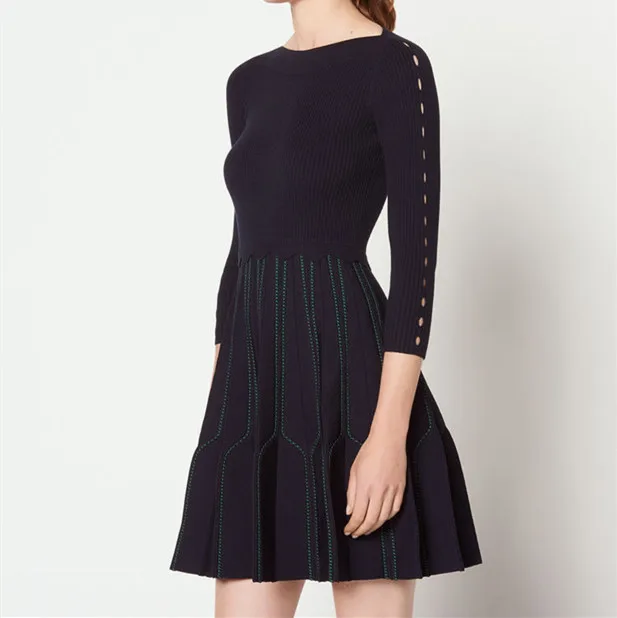 

New Autumn Winter A Line Knitted Dress Women's Solid Black Geometry Knitted Dress