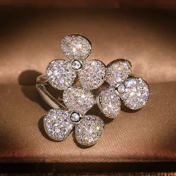 

Luxury Female White Crystal Adjustable Ring Charm Silver Color Wedding Rings For Women Vintage Open Flower Engagement Ring
