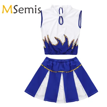 

Womens Cheerleading Uniform Suit Outfit Mock Neck Sleeveless Cheerleading Sports Crop Top with Pleated Skirt Cheerleader Costume