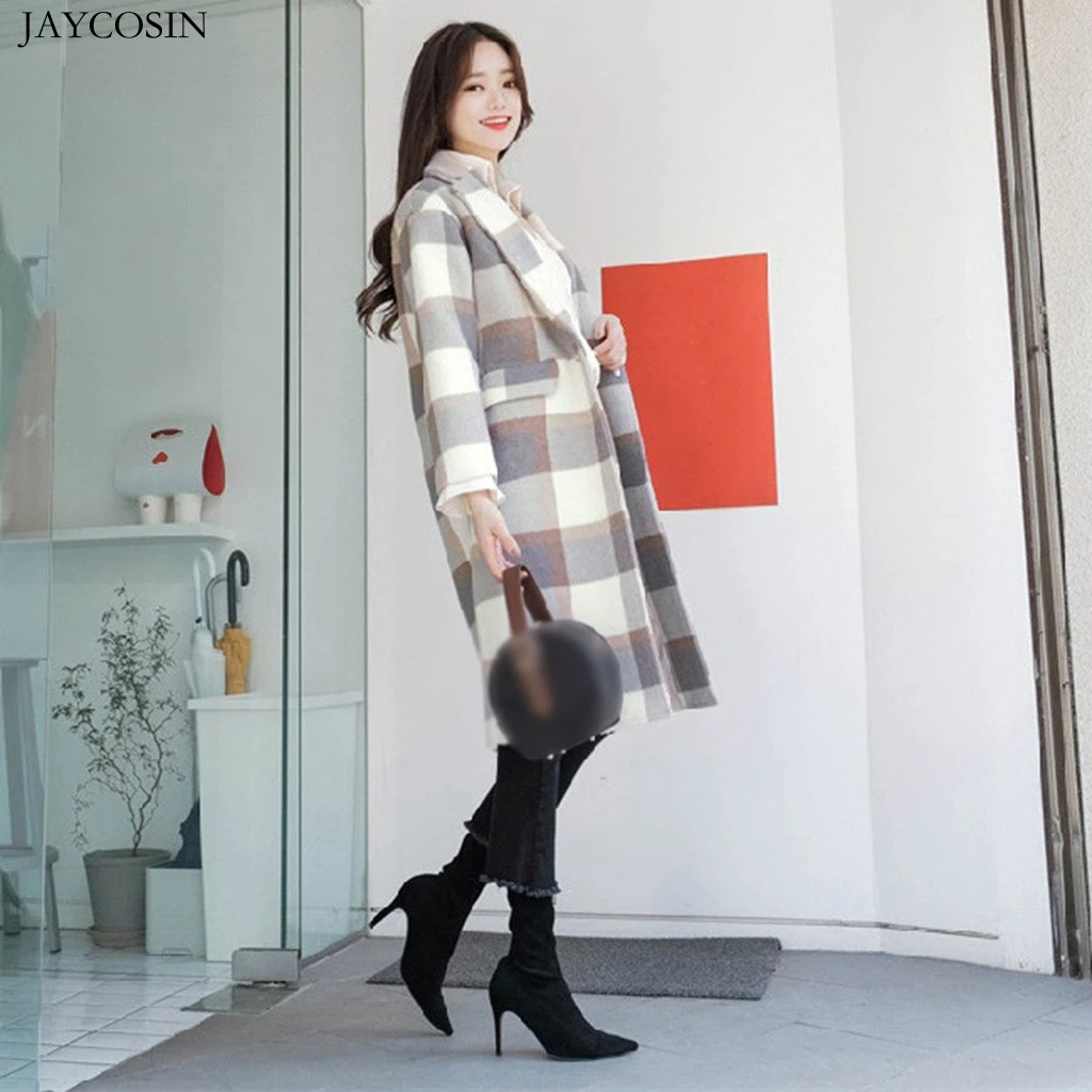 JAYCOSIN, Женское шерстяное пальто с воротником, длинное шерстяное пальто выше колена, женское клетчатое элегантное пальто