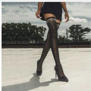 

Fashion high heel 12cm Crystal Stretch Fabric Sock Boots Pointy Toe Over-the-Knee Heel Thigh High Pointed Toe Woman Boots 563