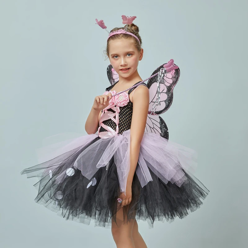 Pink and Black Monarch Butterfly Tutu Dress with Wings Girls Insect Bug Butterfly Halloween Costume Kids Birthday Tutu Outfit (8)