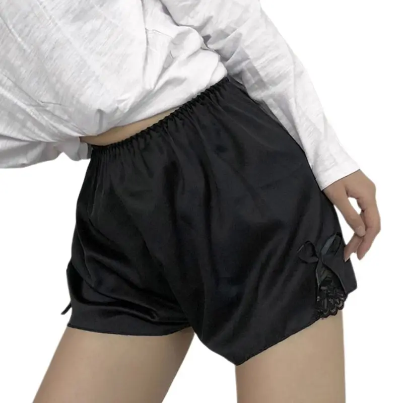 

New Women Imitation Silk Loose Safety Shorts Sleep Lounge Slip Bloomer Pants Floral Lace Trim Solid Color Pettipants Split Skirt