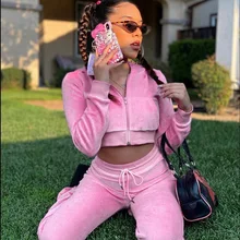

Velvet Sweatsuits Womens Outfits Y2k 2 Piece Sets Cropped Hoodie Jacket Drawstring Flare Pants Velvet Suit Women's Sweatshirt