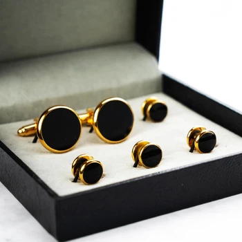 

Luxury Gold Tuxedo Cufflinks and Studs Set Black Enamel Round Design Cuff Button Set For Mens Suit French Shirt Business Gift