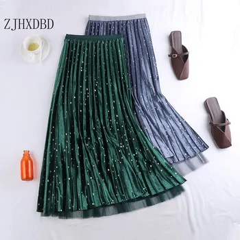 

2020 Gold Velvet Pleated Skirt Autumn&Winter Colored Stars Double-sided Pleated Skirt High Waist Mesh Korean Fluffy Fairy Skirt