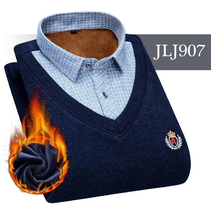 Мужская одежда, рубашки с вышивкой, в полоску, макет, из двух частей, платье, рубашка, имитация двойки, длинный рукав, толстый бархат, свитер, рубашки