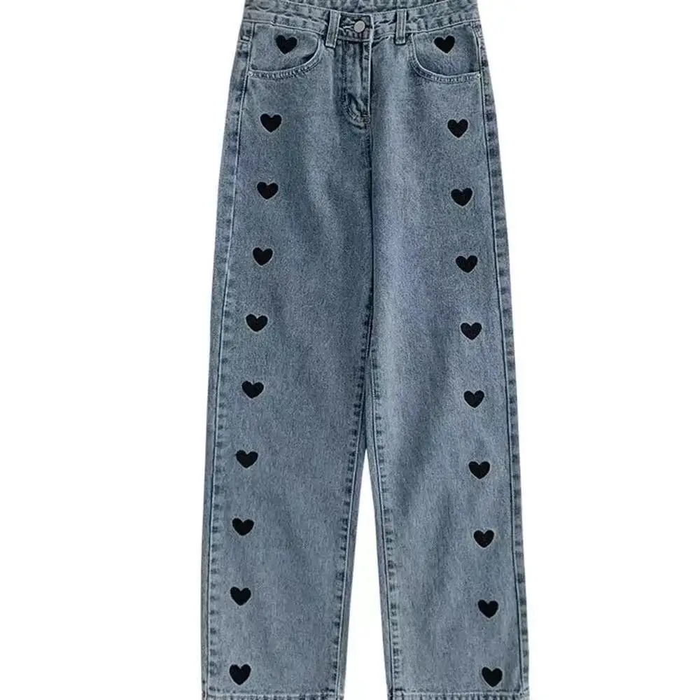 Pantalones vaqueros de las mujeres de la primavera y otoño de 2021 nuevo coreano amor bordado pantalones informales rectos slim de cintura alta pantalones vaqueros de las mujeres B018