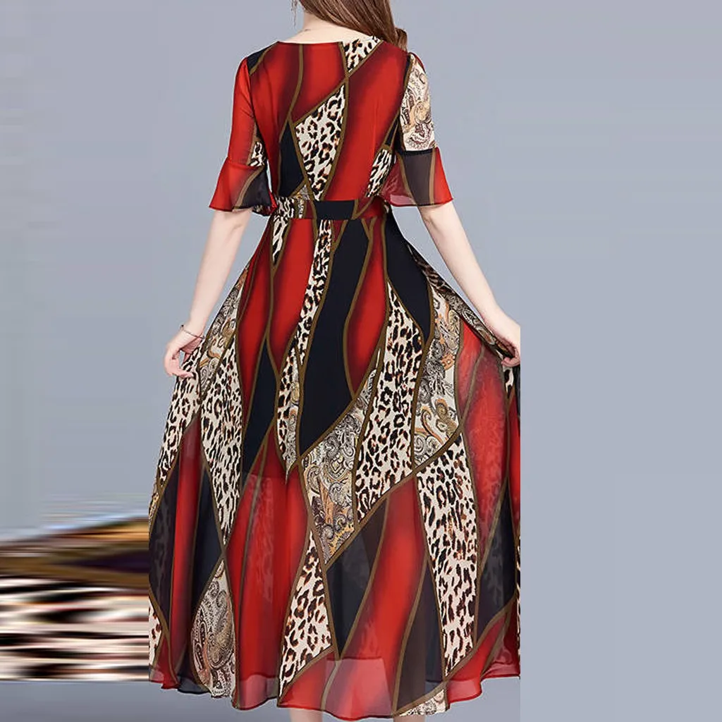 Женское модное летнее платье с v-образным вырезом длиной до колена с коротким рукавом с леопардовым принтом, женское платье Vestidos размера плюс M840 - Цвет: RD