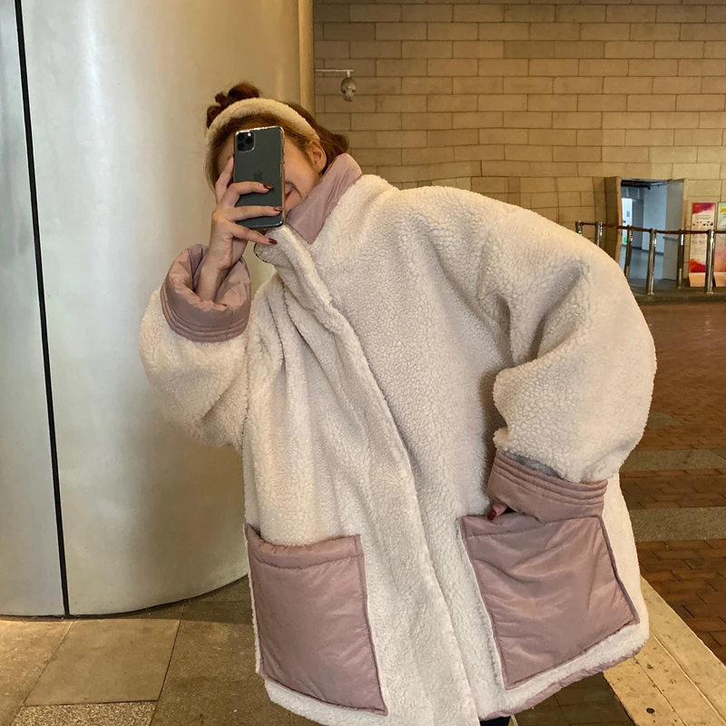 Off-white pink Харадзюку, две вещи, средней длины, Хлопковая женская одежда, осень и зима, новая Корейская свободная хлопковая куртка с длинными рукавами, пальто - Цвет: Off-white pink