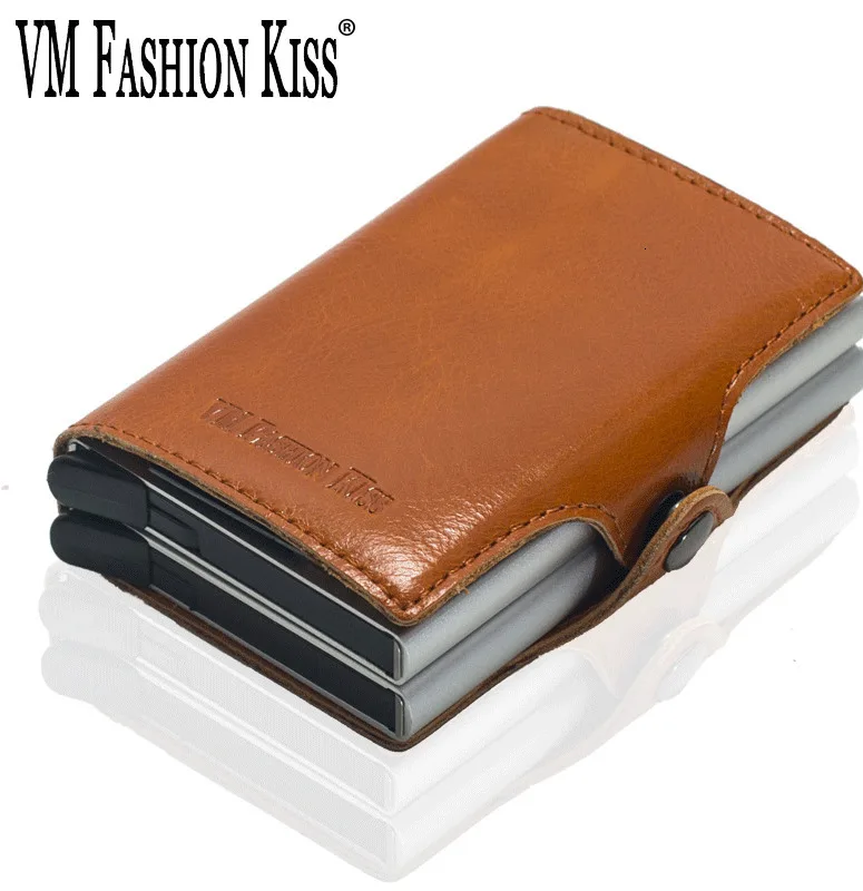 VM FASHION KISS RFID Genuine Leather Minimalist Wallet DIY Metal Aluminum Safe Purse Credit Id Business Card Holder Cardholder